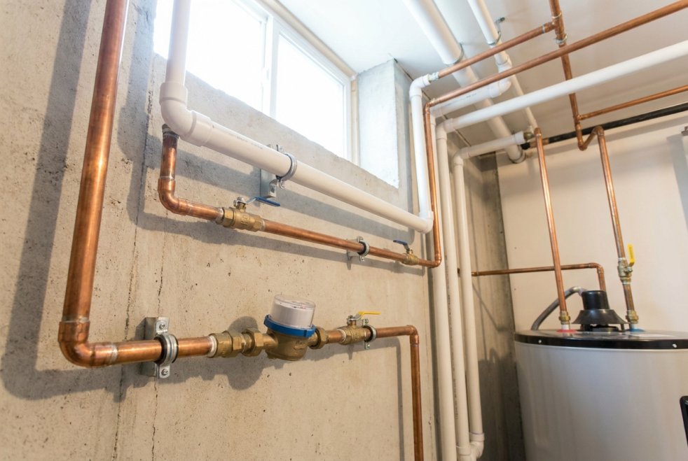 Copper and PVC plumbing pipes installed along a basement wall beside a water heater