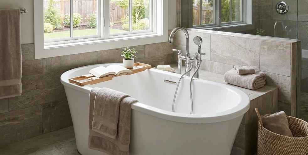 Freestanding bathtub with chrome fixtures in a modern tiled bathroom